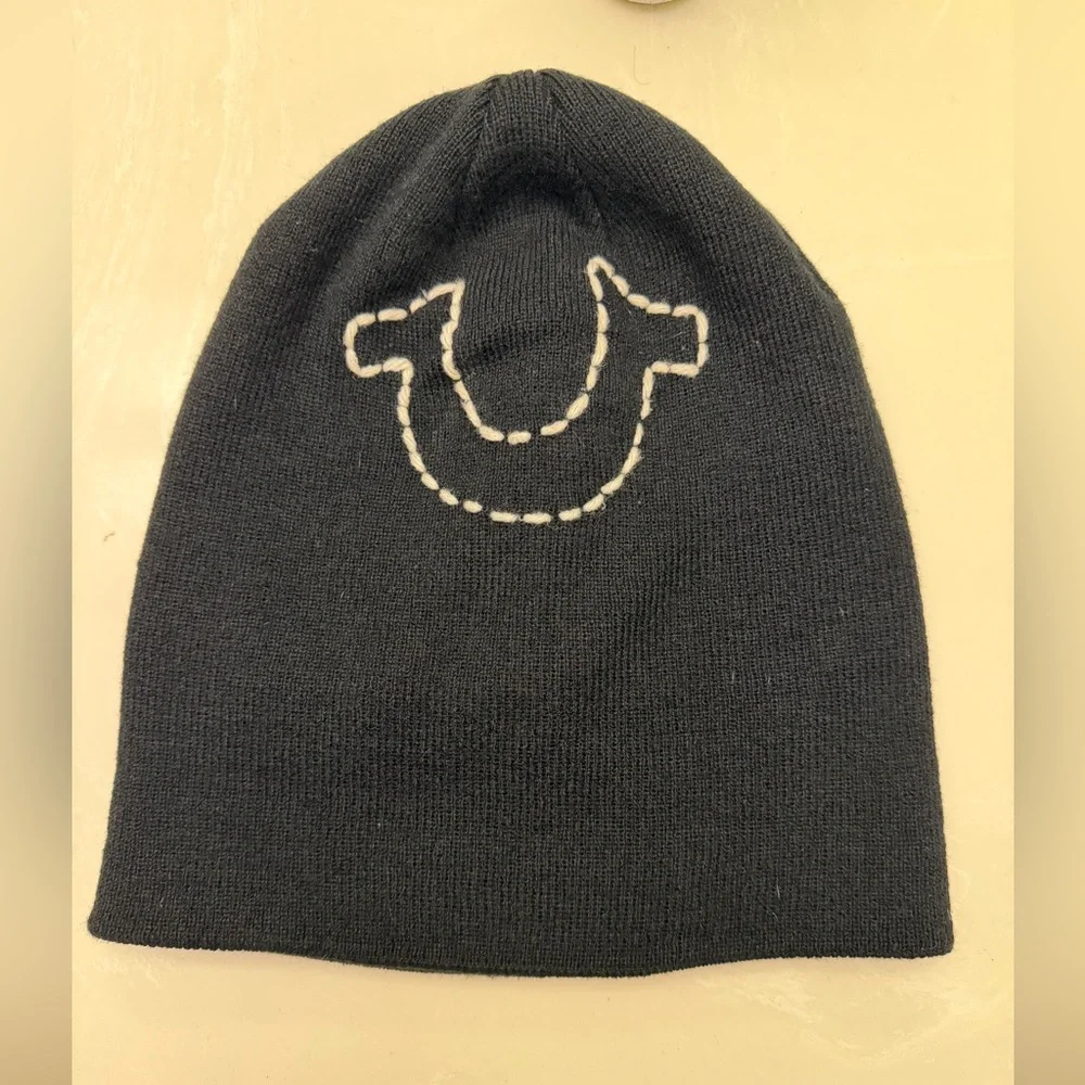 True Religion Beanie - Cuffed Winter Knit Cap with Stitched Yarn Horseshoe Logo